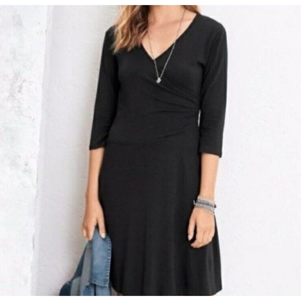 Garnet Hill Brianna Dress Medium Jersey Knit Black Wrap LBD Classic‎ Neutral